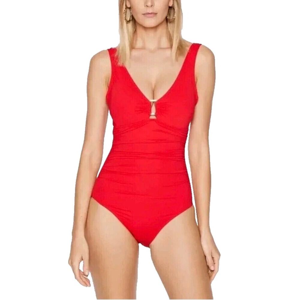 Lauren Ralph Lauren One Piece Swimsuit in Red Size 14 Ring Detail NEW